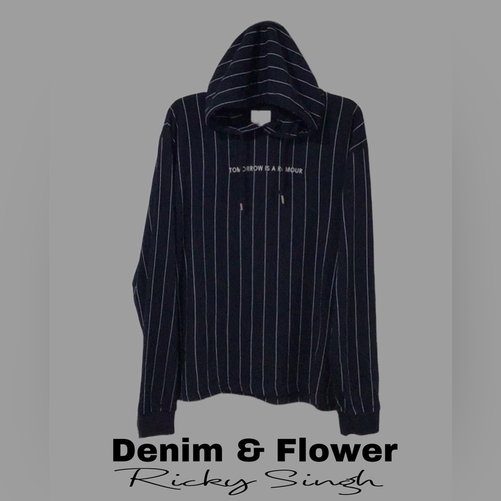 D&F Ricky Singh Drawstring Hoodie, Blue& White Stripe, Tomorrow is a Rumour, XL